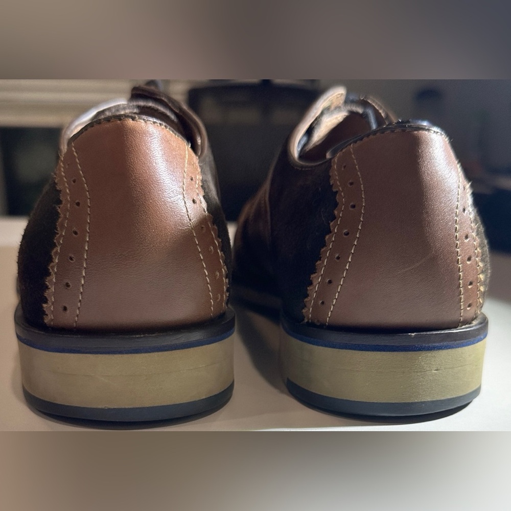 Johnston & Murphy Ellington wingtip sheepskin brown leather black suede oxfords - Picture 4 of 8